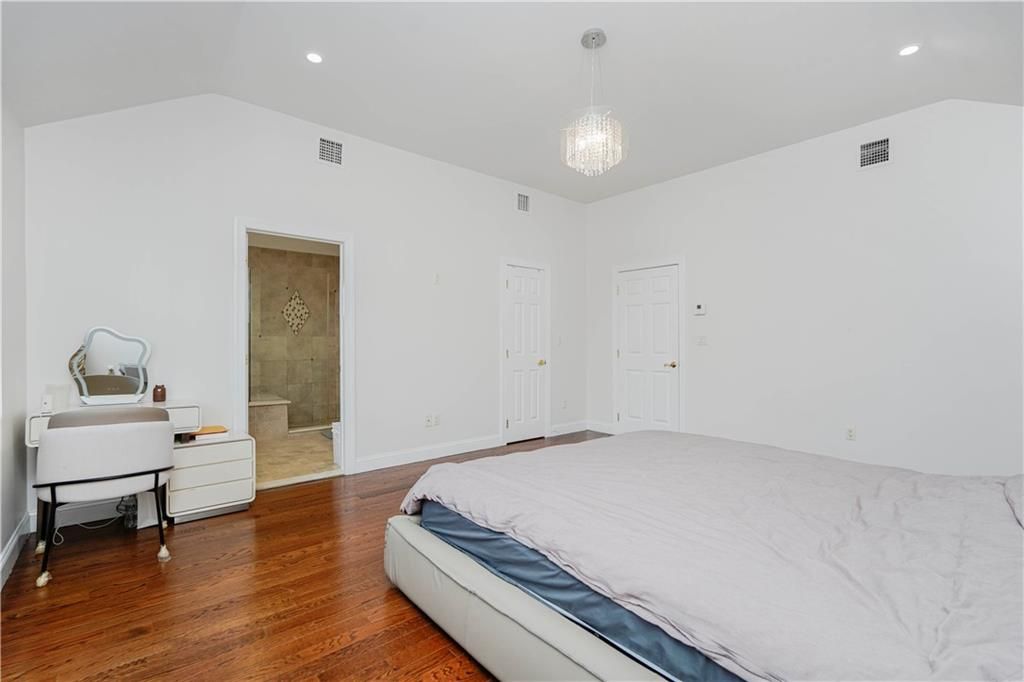Bedroom, Chandelier, Interior, Recessed Lighting, Wood Texture Flooring