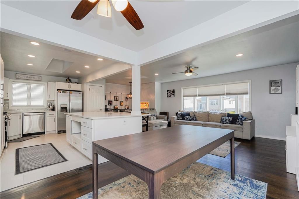 Interior, Kitchen, Living room, Recessed Lighting, Stainless Steel Appliances, Wood Texture Flooring