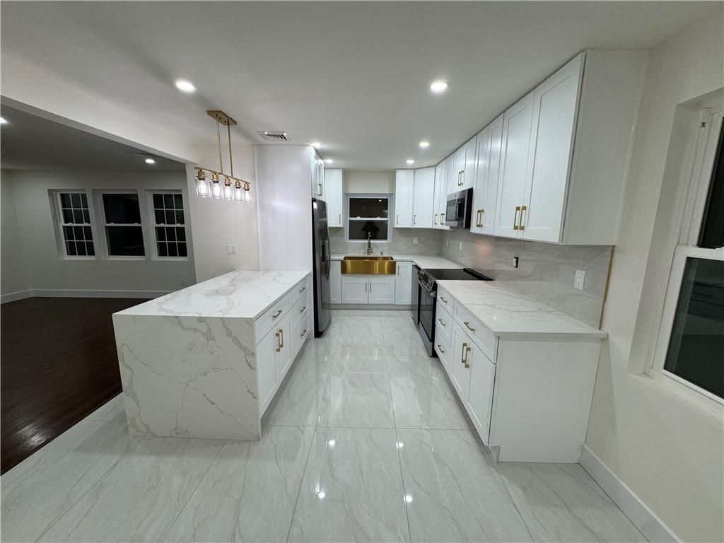 Interior, Kitchen, Marble, Pendant Lights, Recessed Lighting, Wood Texture Flooring