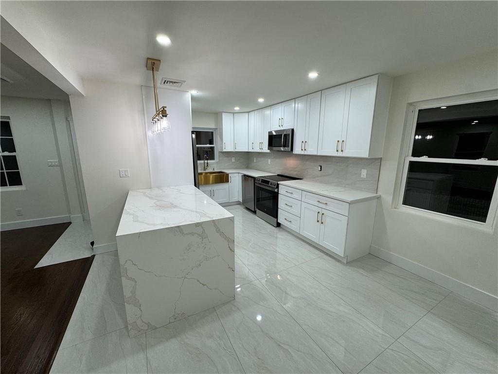 Interior, Kitchen, Marble, Pendant Lights, Recessed Lighting, Stainless Steel Appliances