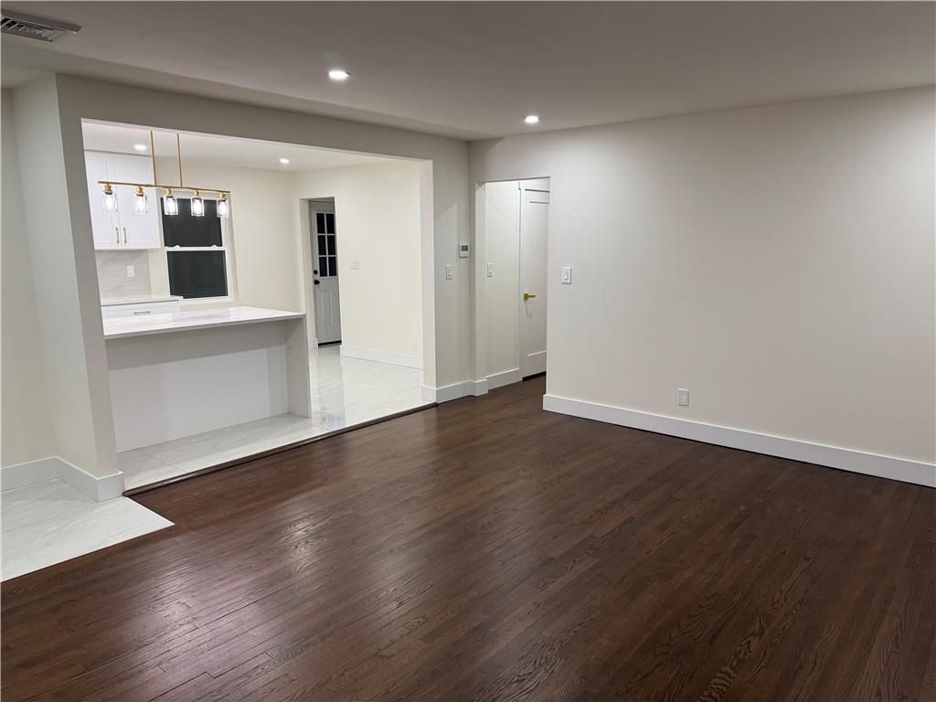 Empty room, Interior, Kitchen, Pendant Lights, Recessed Lighting, Wood Texture Flooring