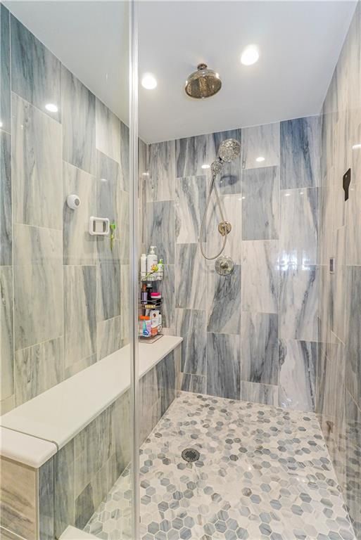 Bathroom, Glass Shower, Interior, Marble Walls, Recessed Lighting