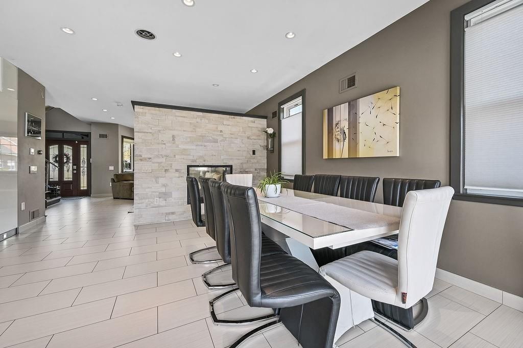 Dining room, Fireplace, Interior, Recessed Lighting, Stone Walls