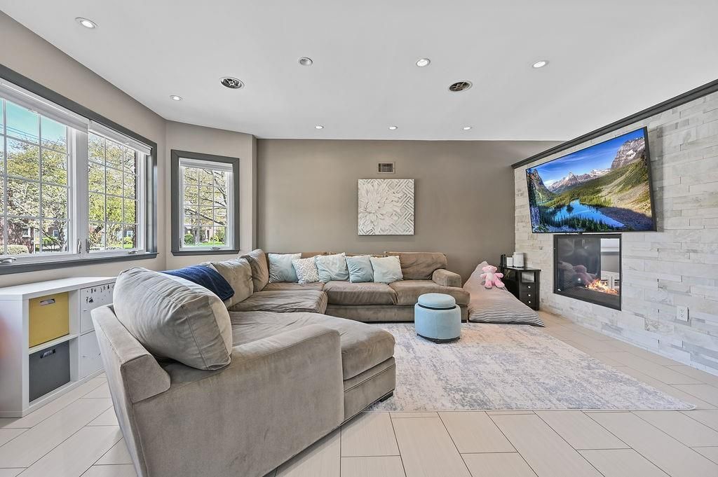 Fireplace, Interior, Living room, Recessed Lighting, Stone Walls