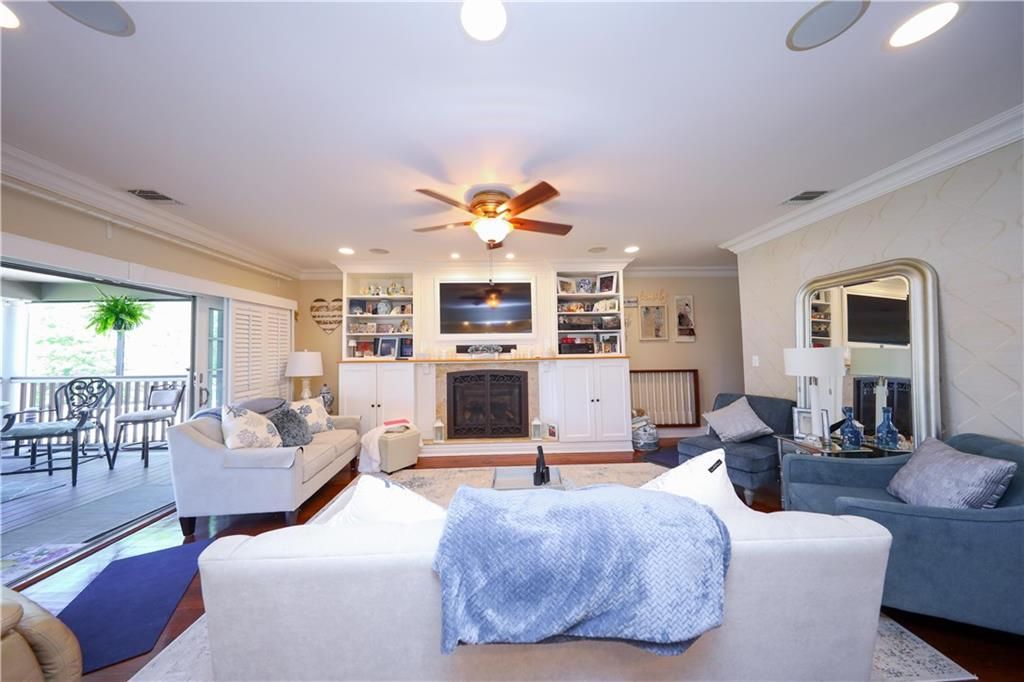 Fireplace, Interior, Living room, Recessed Lighting, Wood Texture Flooring
