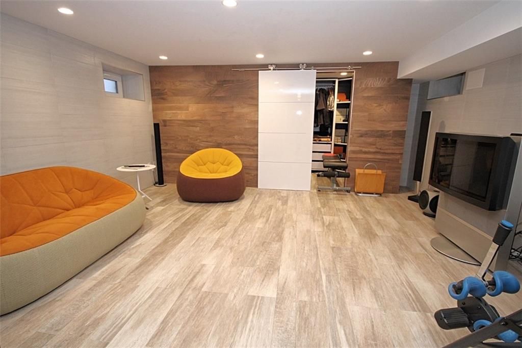 Fitness Equipment, Interior, Recessed Lighting, Wood Texture Flooring, Wooden Walls