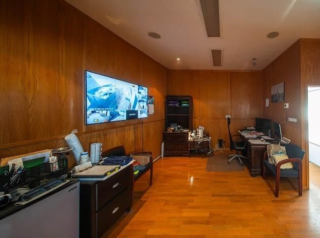 Home Office, Interior, Recessed Lighting, Wood Texture Flooring, Wooden Walls