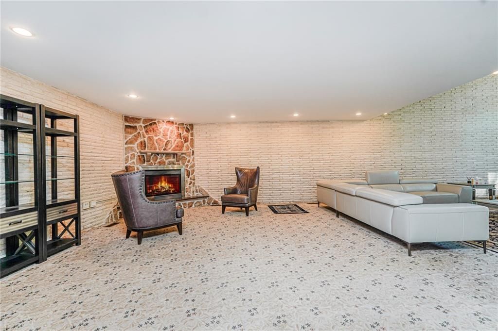 Fireplace, Interior, Living room, Recessed Lighting, Stone Walls