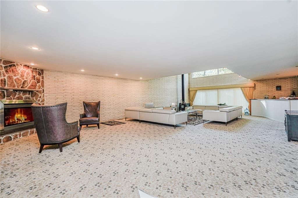 Fireplace, Interior, Living room, Recessed Lighting, Stone Walls
