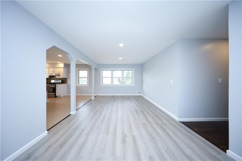 Empty room, Interior, Kitchen, Recessed Lighting, Wood Texture Flooring