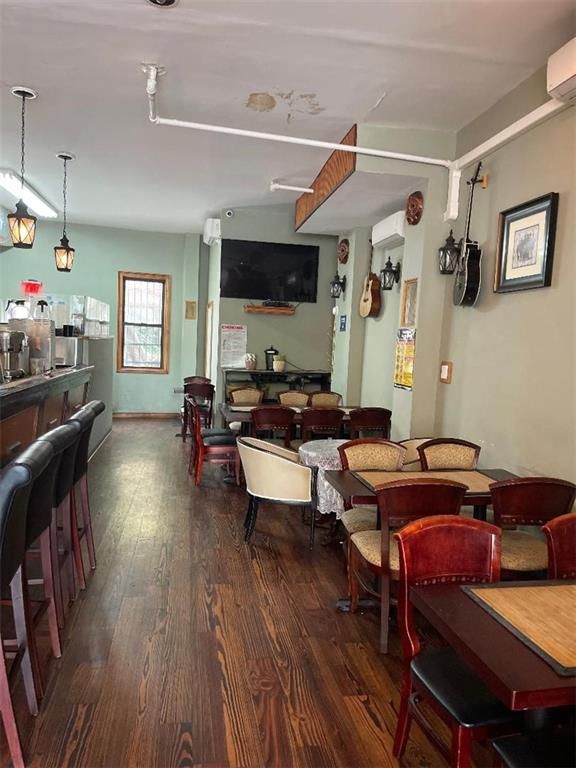Dining room, Interior, Living room, Pendant Lights, Wood Texture Flooring