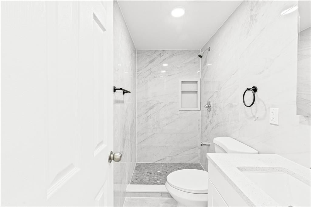 Bathroom, Glass Shower, Interior, Marble Walls, Recessed Lighting