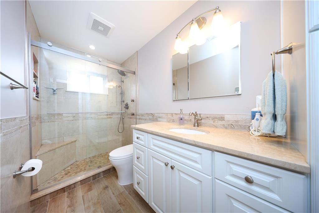 Bathroom, Glass Shower, Interior, Recessed Lighting, Wood Texture Flooring