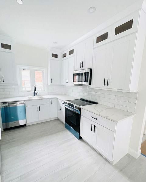 Interior, Kitchen, Recessed Lighting, Stainless Steel Appliances, Wood Texture Flooring