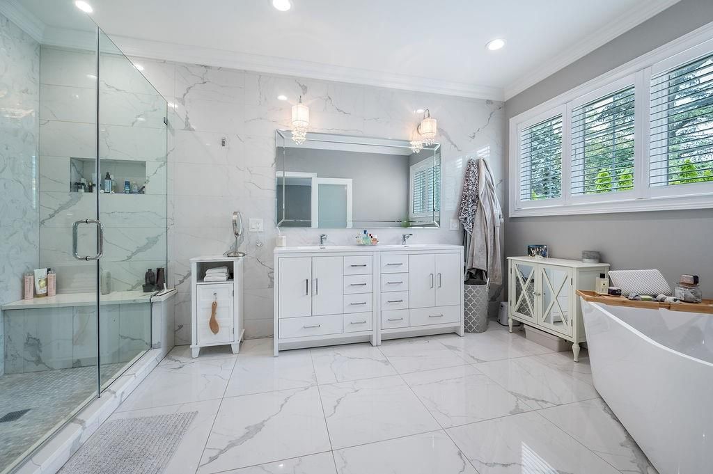Bathroom, Dual Sink Vanities, Free Standing Baths, Glass Shower, Interior, Marble, Marble Walls, Recessed Lighting