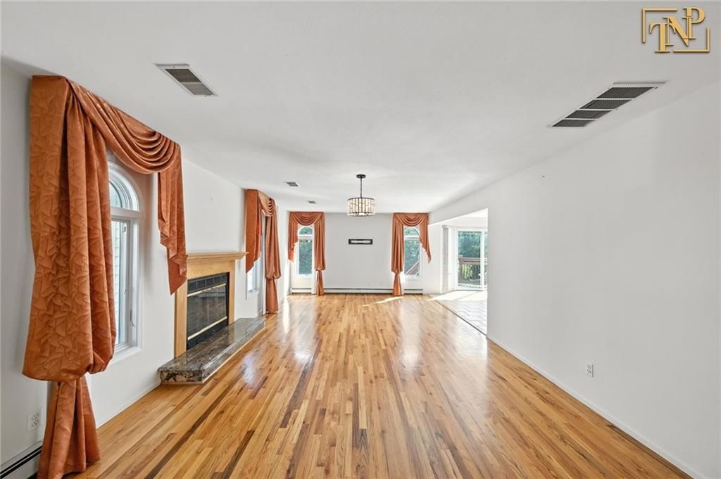 Chandelier, Empty room, Fireplace, Interior, Wood Texture Flooring