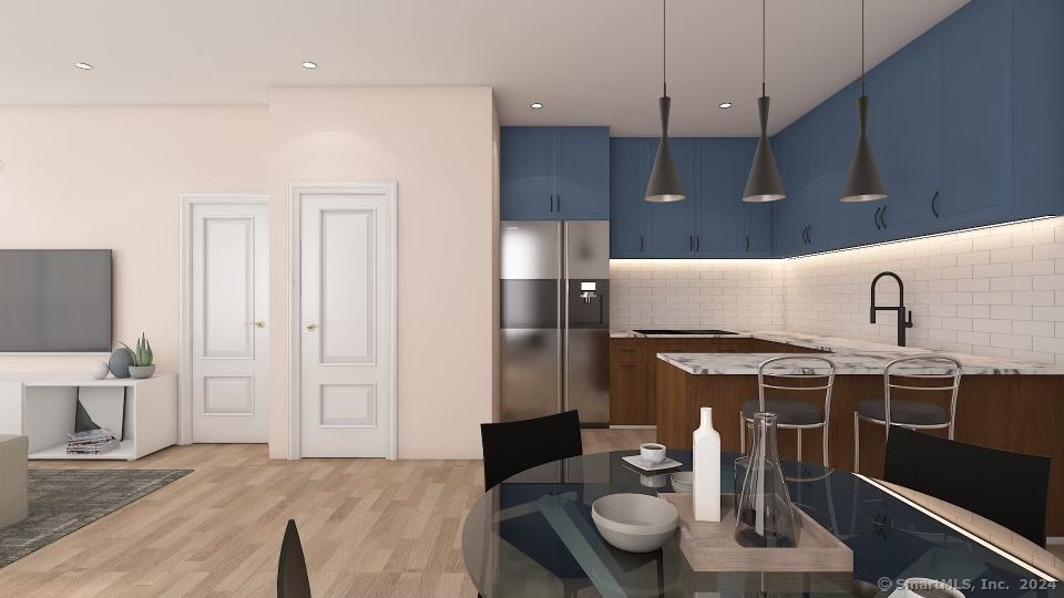 Dining room, Interior, Kitchen, Pendant Lights, Recessed Lighting, Stainless Steel Appliances, Wood Texture Flooring