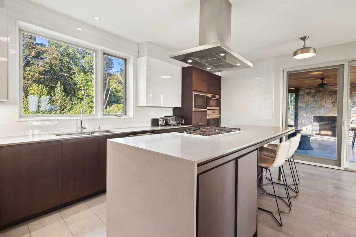Interior, Kitchen, Recessed Lighting, Stone Walls, Wood Texture Flooring