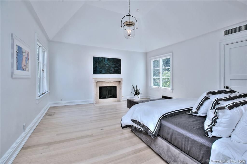 Bedroom, Fireplace, Interior, Pendant Lights, Wood Texture Flooring