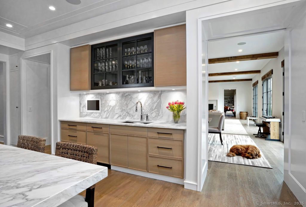Interior, Kitchen, Marble Walls, Recessed Lighting, Wood Texture Flooring