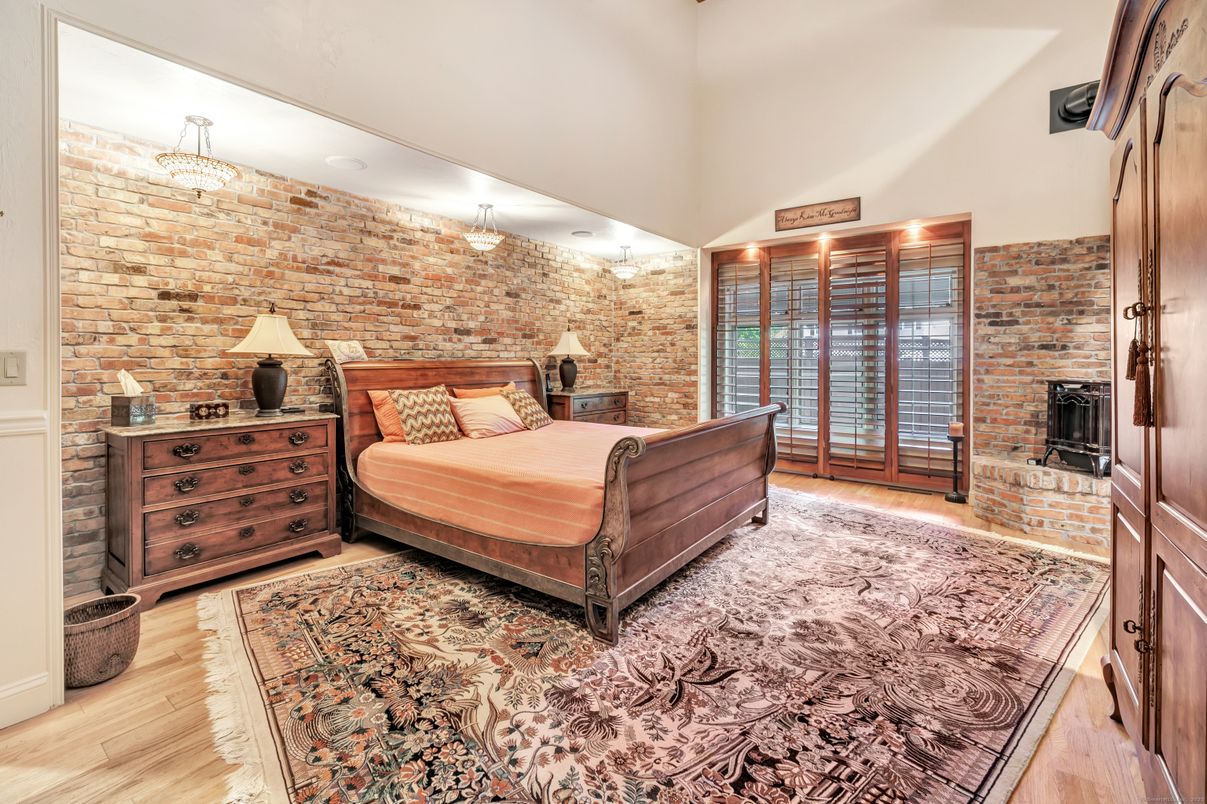 Bedroom, Chandelier, Interior, Stone Walls, Wood Texture Flooring