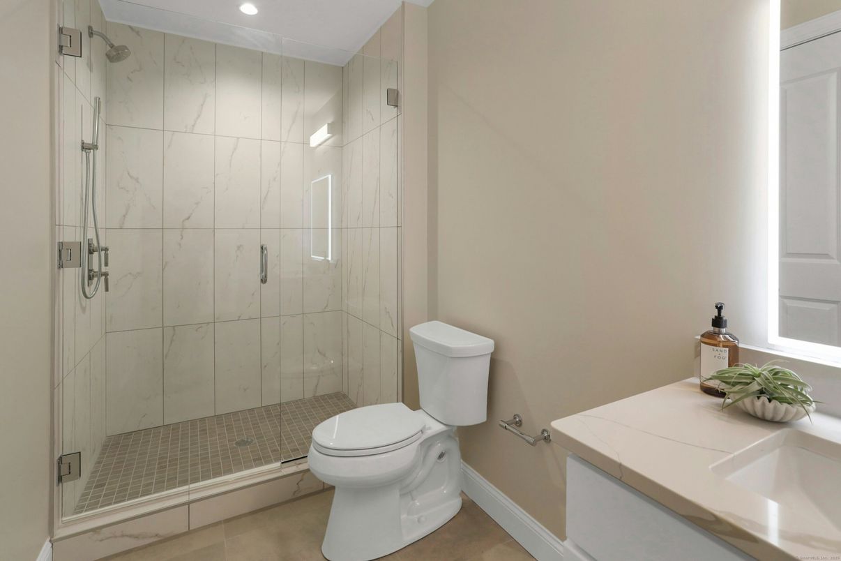 Bathroom, Glass Shower, Interior, Marble Walls, Recessed Lighting