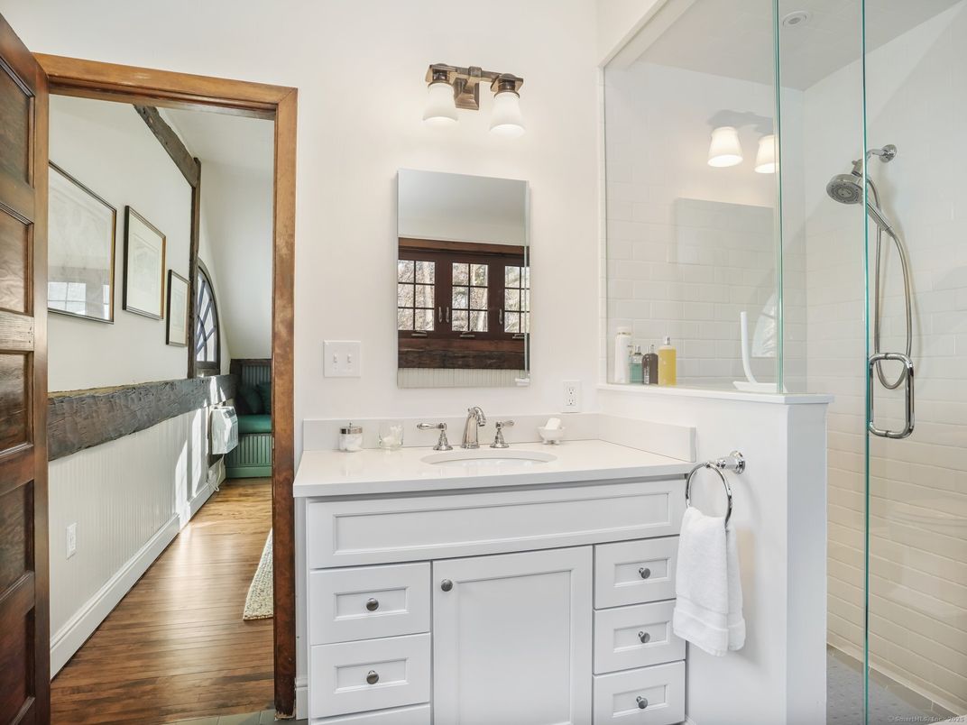 Bathroom, Glass Shower, Interior, Wood Texture Flooring