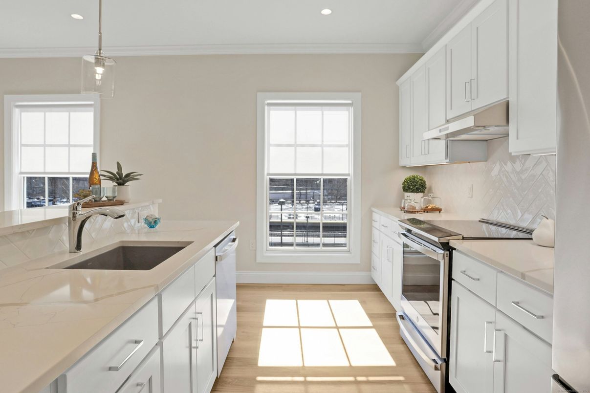 Interior, Kitchen, Pendant Lights, Recessed Lighting, Stainless Steel Appliances, Wood Texture Flooring