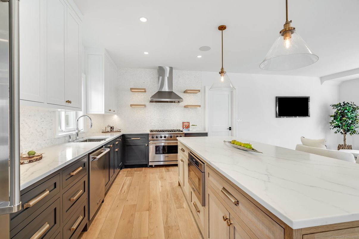 Interior, Kitchen, Pendant Lights, Recessed Lighting, Stainless Steel Appliances, Wood Texture Flooring