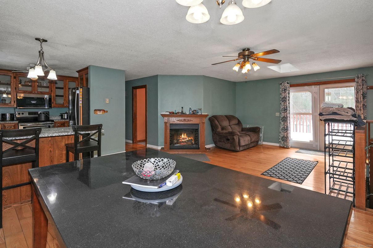 Dining room, Fireplace, Interior, Kitchen, Wood Texture Flooring