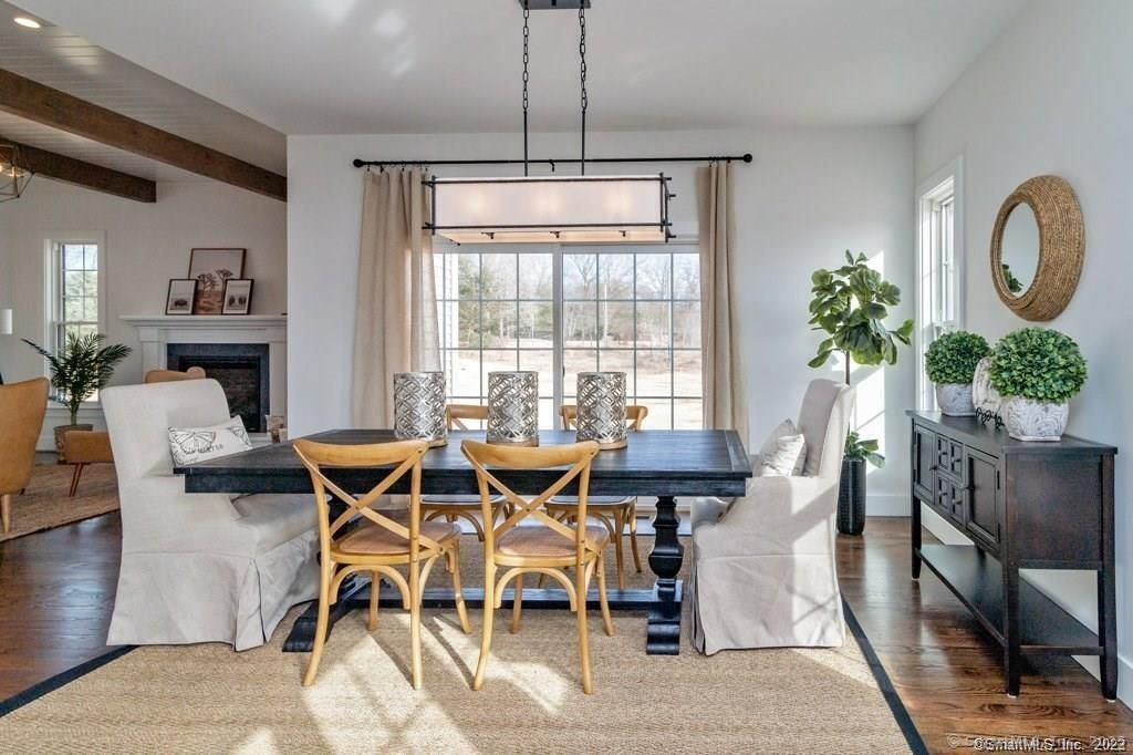 Dining room, Fireplace, Interior, Pendant Lights, Wooden Beams, Wood Texture Flooring