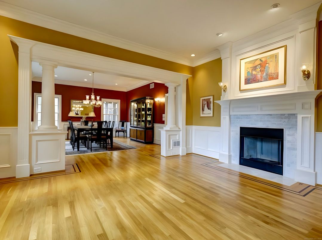 Chandelier, Dining room, Fireplace, Interior, Pendant Lights, Recessed Lighting, Wood Texture Flooring