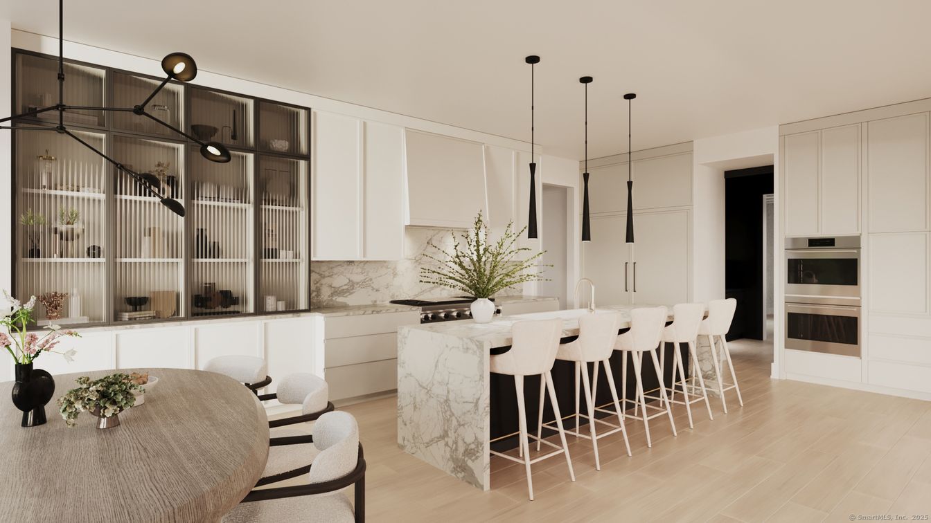 Interior, Kitchen, Marble Walls, Pendant Lights, Stainless Steel Appliances, Wood Texture Flooring