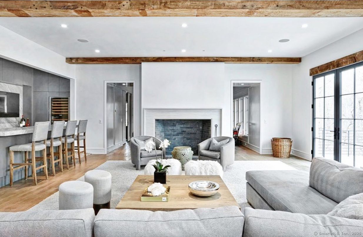 Fireplace, Interior, Living room, Recessed Lighting, Wooden Beams, Wood Texture Flooring