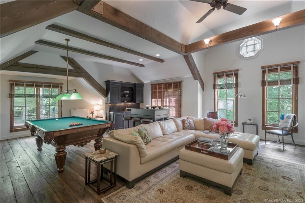 Billiard Table, Game Room, Interior, Living room, Pendant Lights, Piano, Recessed Lighting, Wooden Beams, Wood Texture Flooring