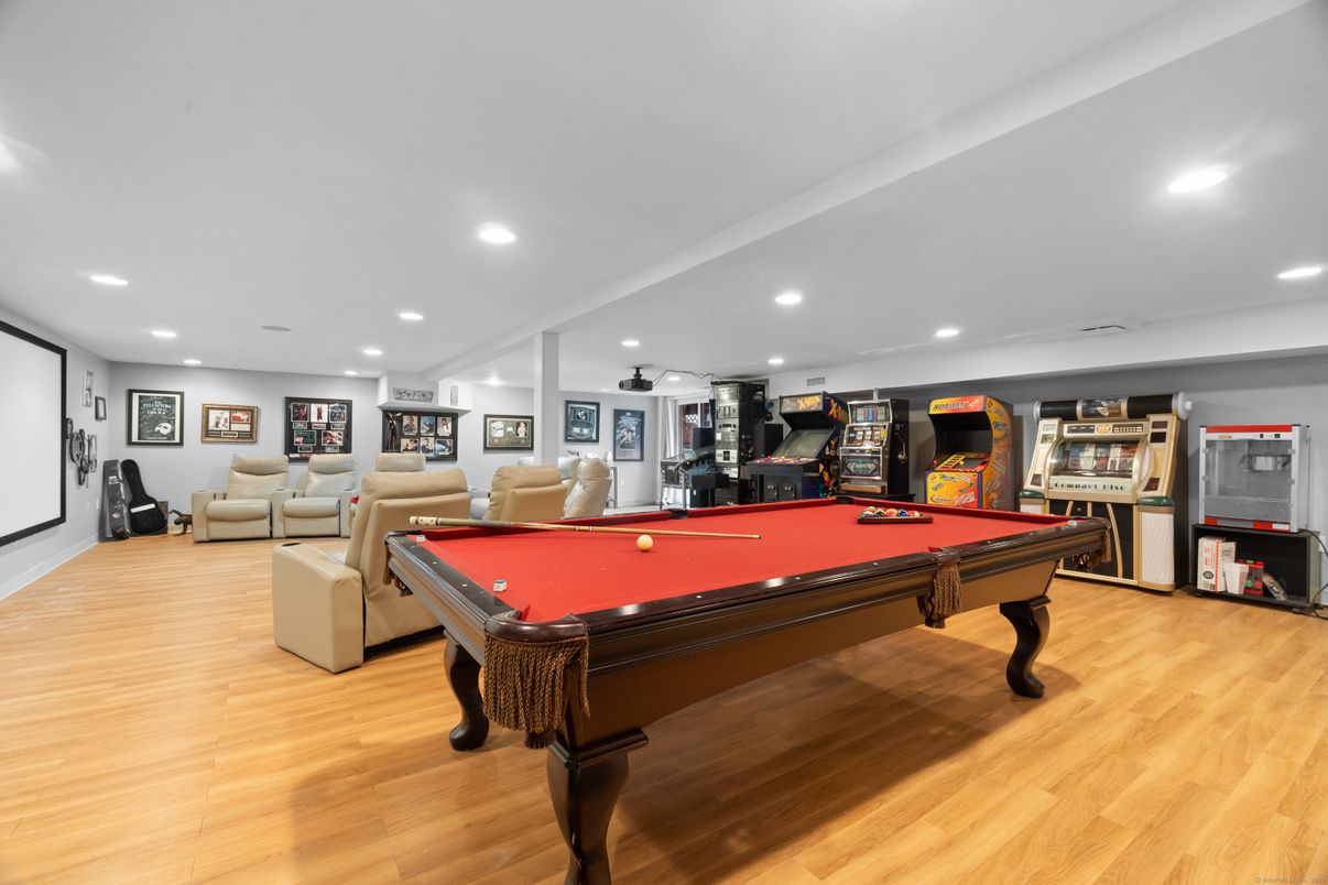 Billiard Table, Game Room, Interior, Recessed Lighting, Wood Texture Flooring