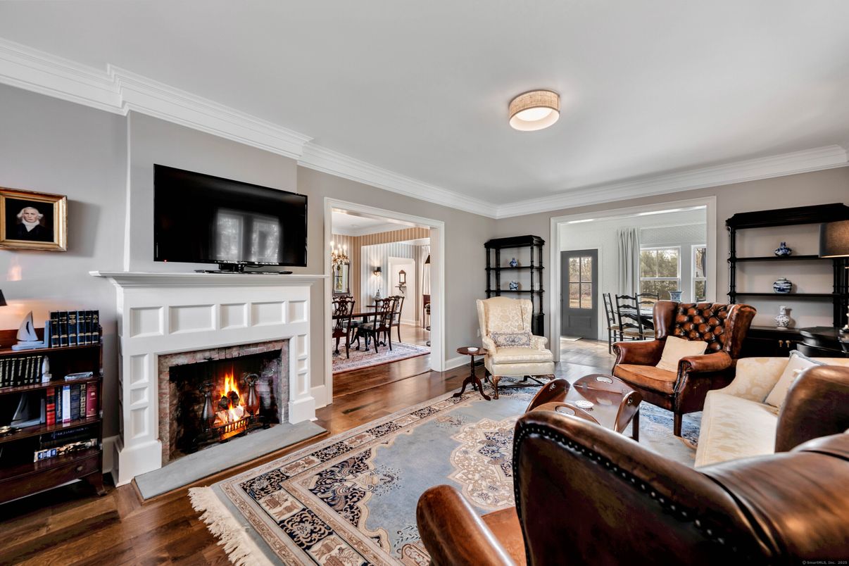Dining room, Fireplace, Interior, Living room, Wood Texture Flooring
