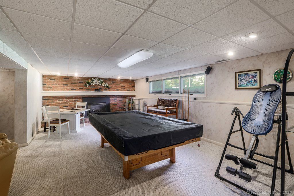 Billiard Table, Game Room, Interior, Recessed Lighting, Stone Walls