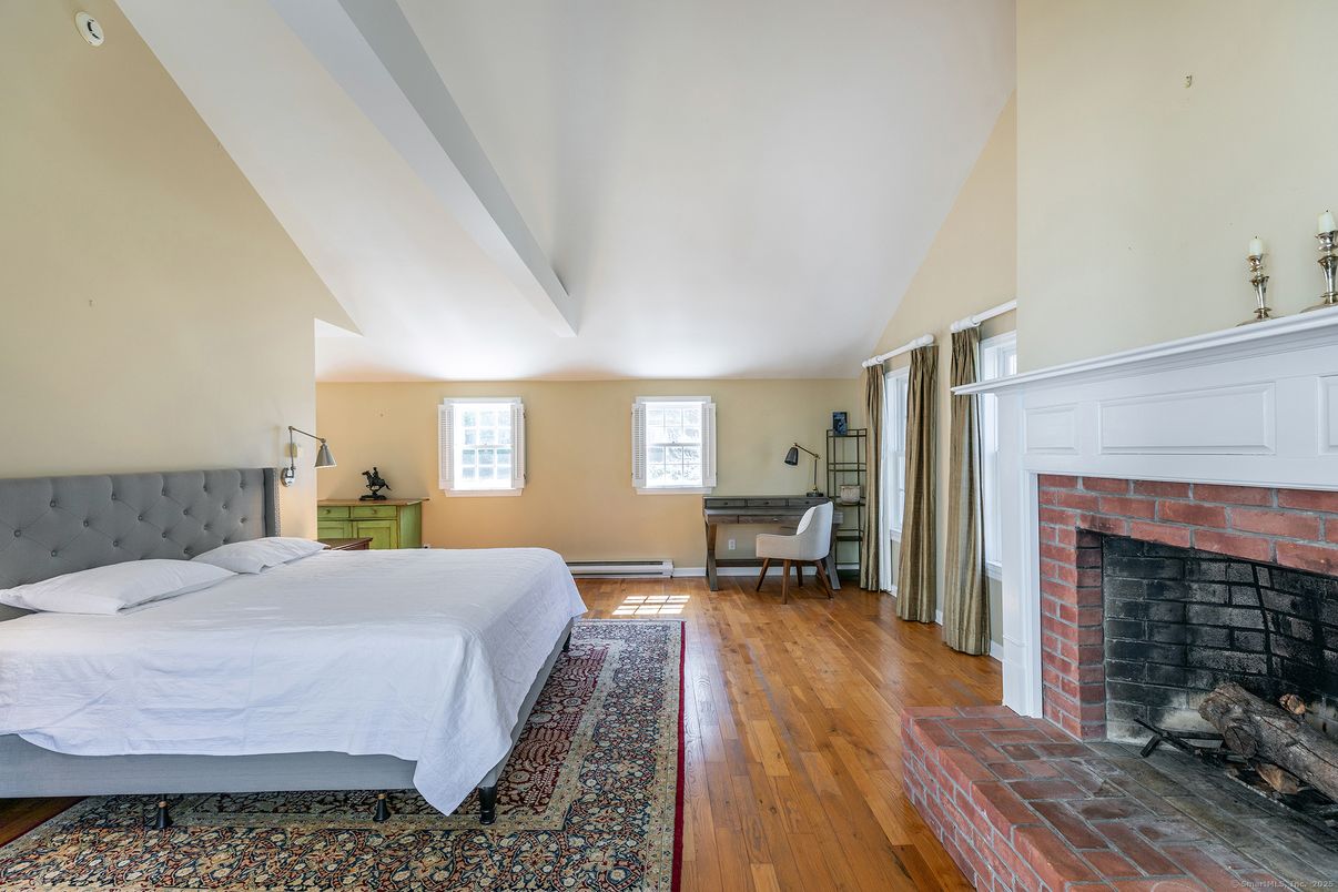 Bedroom, Fireplace, Interior, Wood Texture Flooring