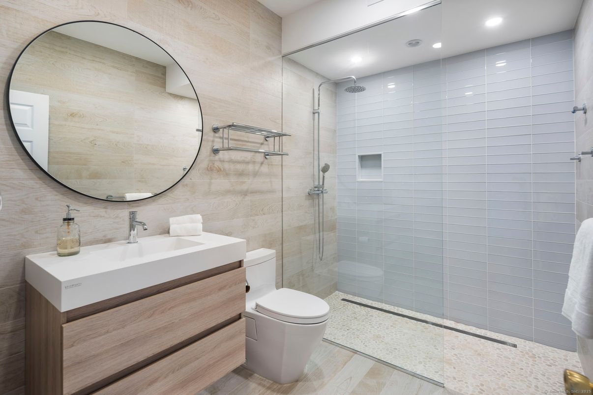 Bathroom, Glass Shower, Interior, Recessed Lighting, Wood Texture Flooring