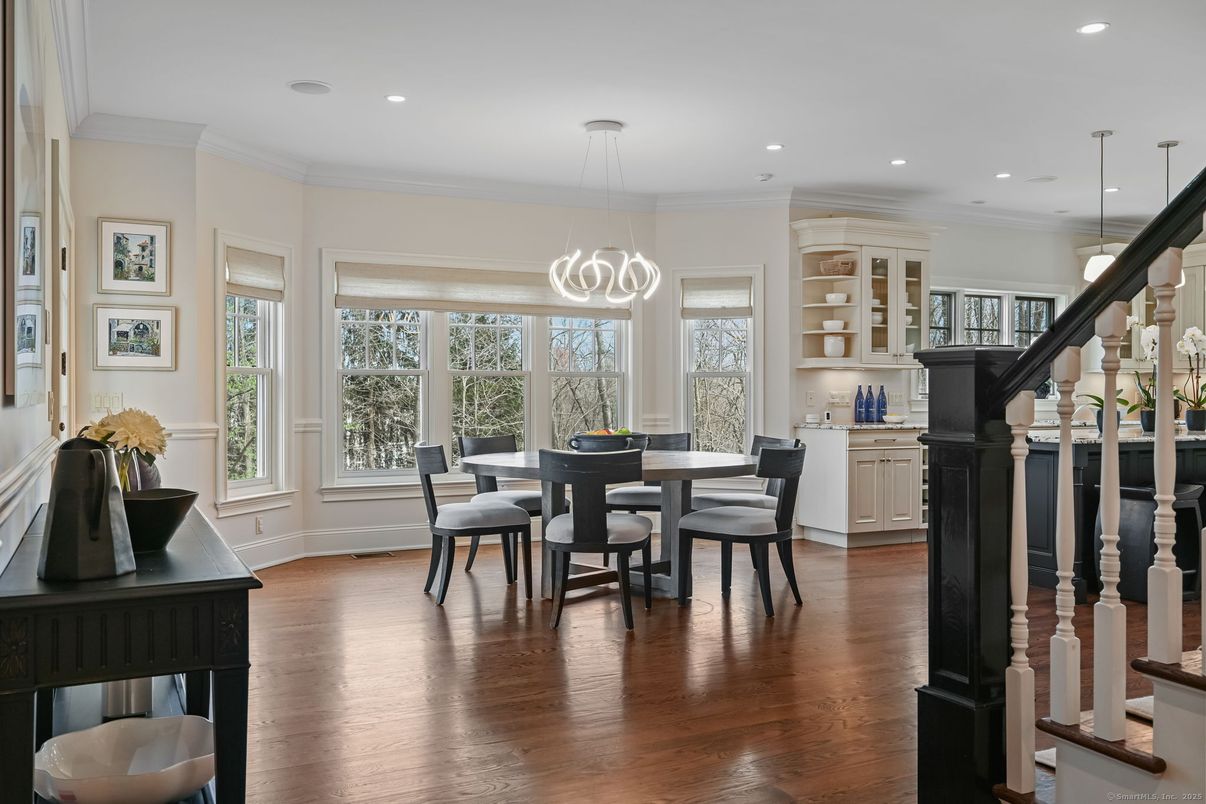 Dining room, Interior, Pendant Lights, Recessed Lighting, Wood Texture Flooring