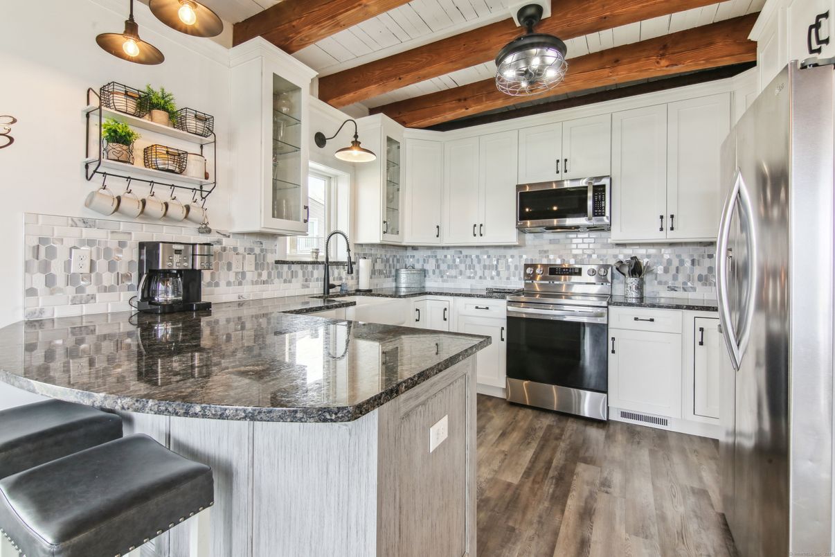 Interior, Kitchen, Pendant Lights, Stainless Steel Appliances, Wooden Beams, Wooden Ceilings, Wood Texture Flooring