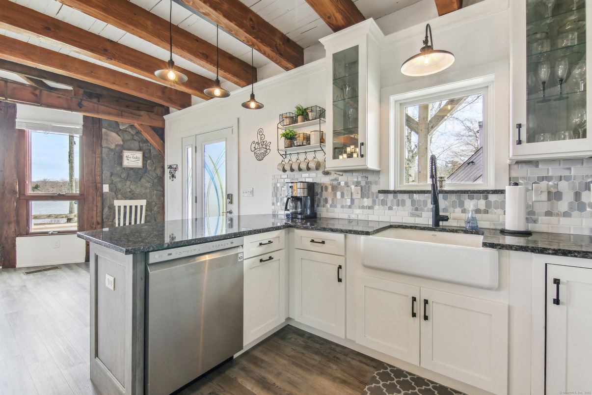Interior, Kitchen, Pendant Lights, Stainless Steel Appliances, Wooden Beams, Wood Texture Flooring