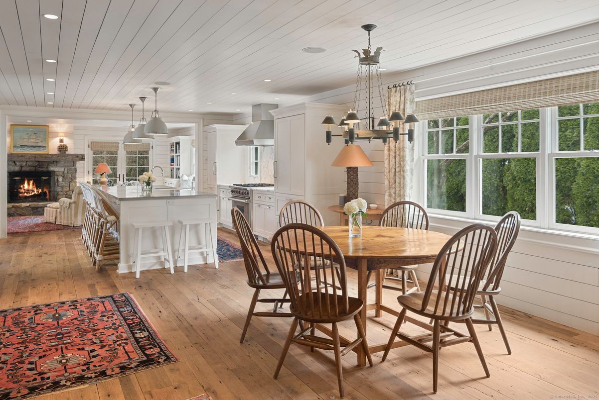 Dining room, Fireplace, Interior, Kitchen, Pendant Lights, Recessed Lighting, Wood Texture Flooring