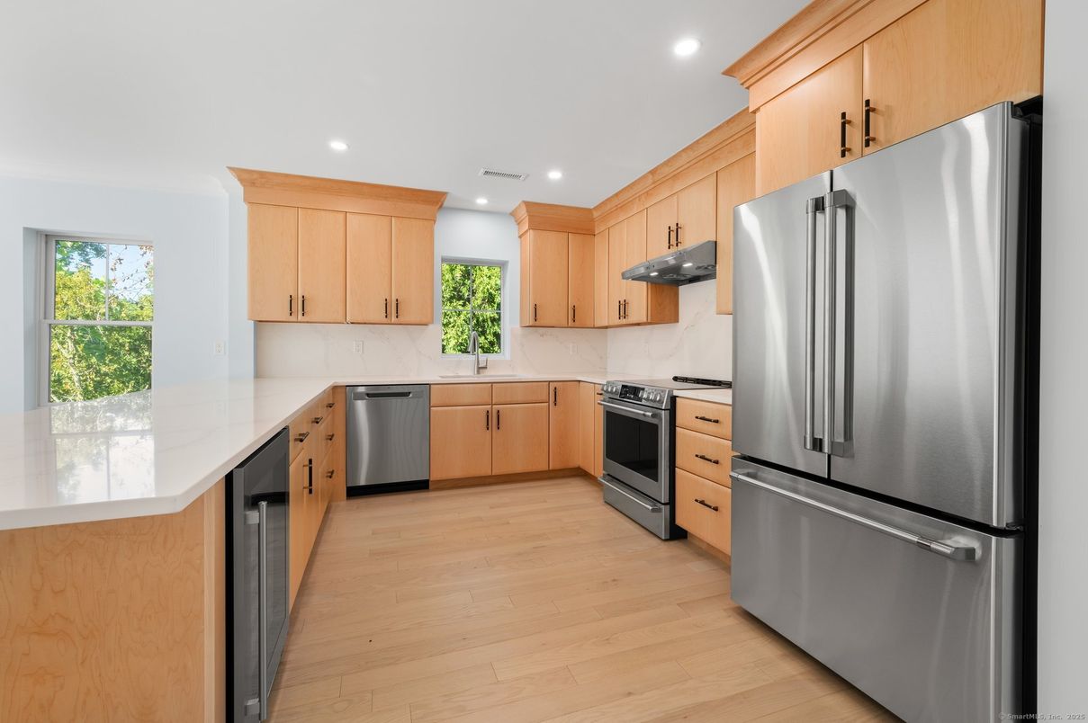Interior, Kitchen, Recessed Lighting, Stainless Steel Appliances, Wood Texture Flooring