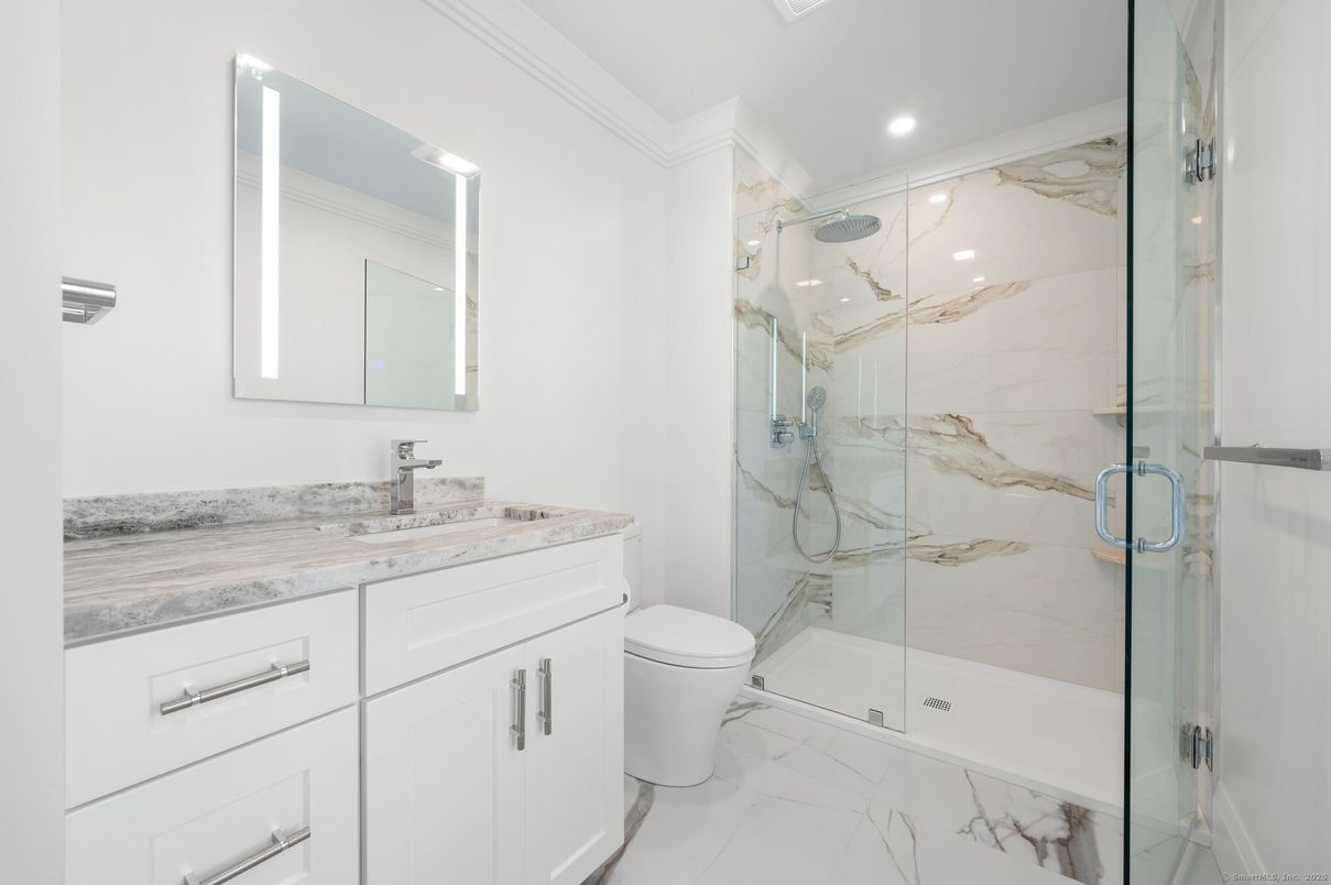 Bathroom, Glass Shower, Interior, Marble, Marble Walls, Recessed Lighting