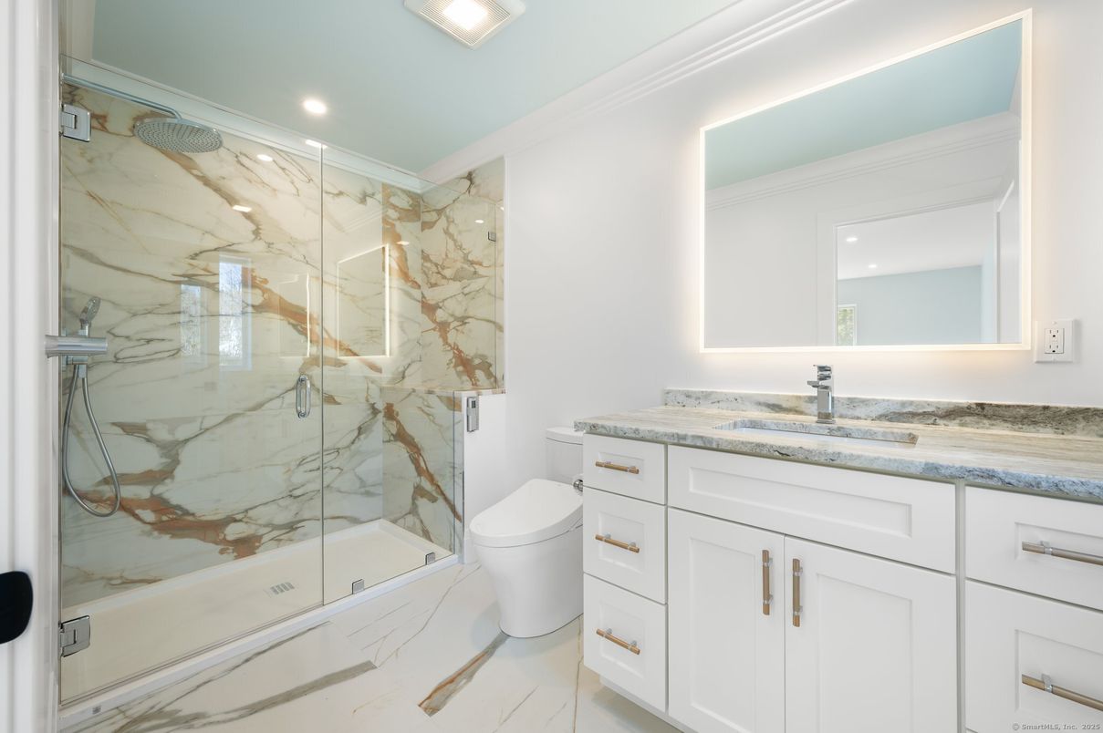Bathroom, Glass Shower, Interior, Marble Walls, Recessed Lighting
