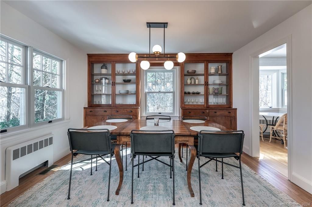Dining room, Interior, Pendant Lights, Wood Texture Flooring