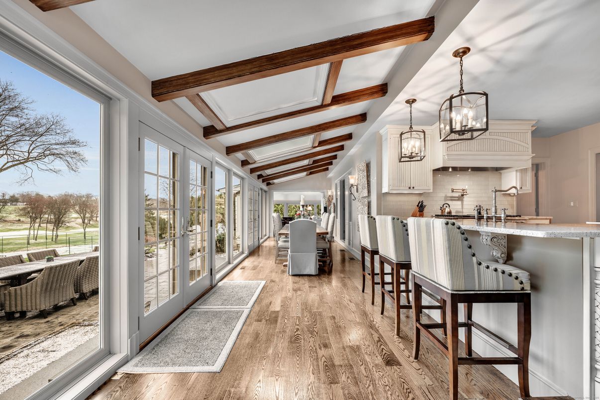 Dining room, Interior, Kitchen, Pendant Lights, Wooden Beams, Wood Texture Flooring