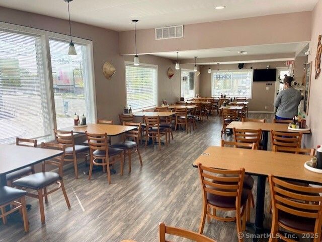 Dining room, Interior, Pendant Lights, Recessed Lighting, Wood Texture Flooring